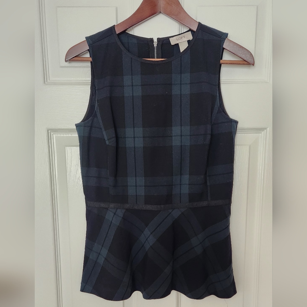 LOFT blue and green plaid peplum top